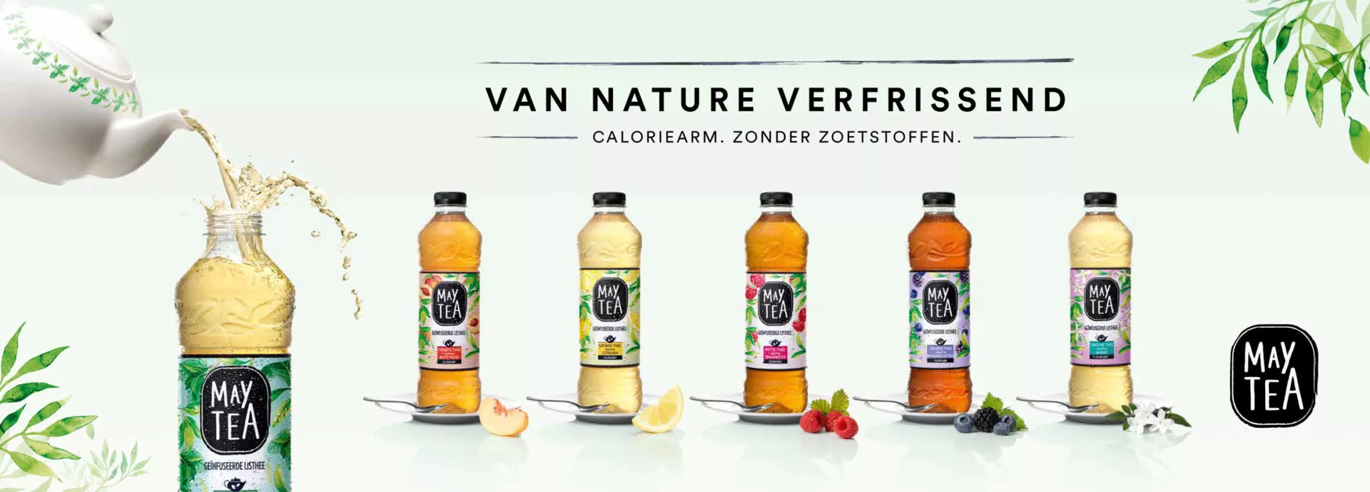 banner with bottles of ice tea by may tea with a teapot that pours tea in a bottle